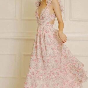 Storia Pink Gown with Flutter Sleeves and Plunge Neckline